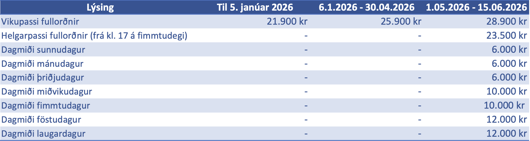 Verðskrá fullorðinna Verðskrá fullorðinna