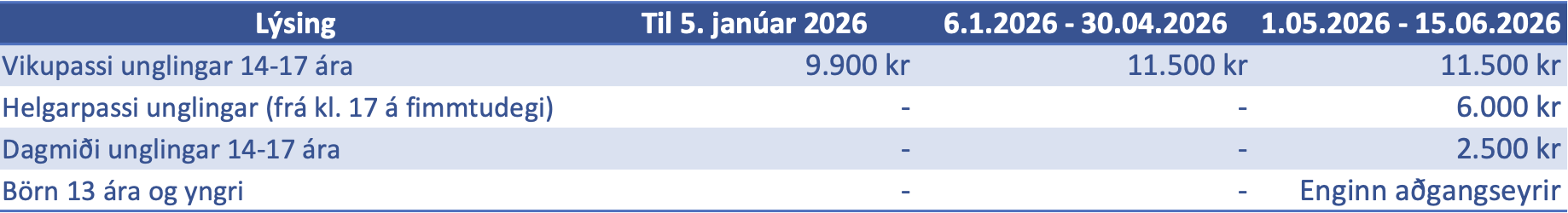 Verðskrá Börn og unglingar Verðskrá Börn og unglingar